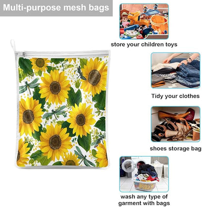 Mesh Laundry Bags Lingerie Bags for Washing Delicates 2 PCS Durable Wash Bag with Zipper Small and Medium Washable Cute Yellow Sunflowers and Dragonflies