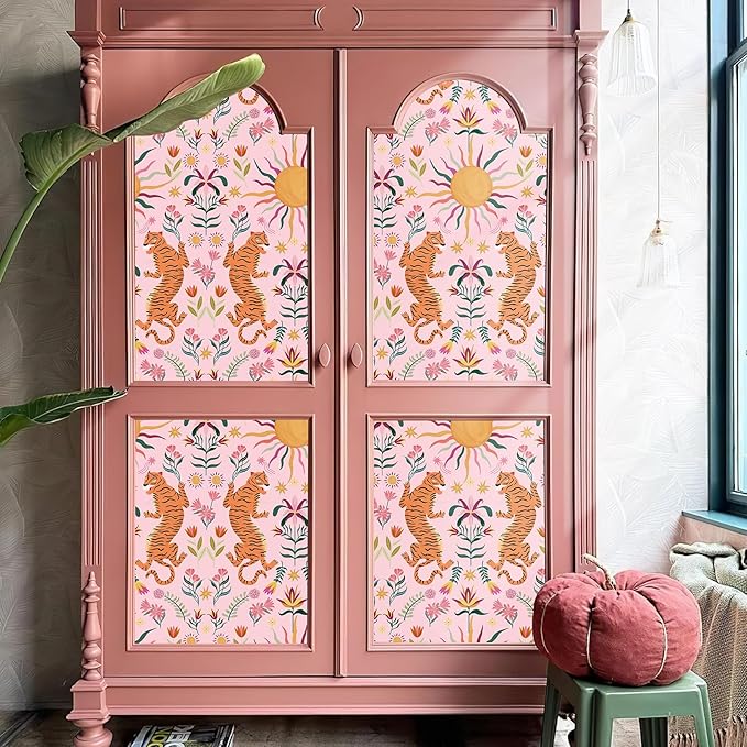 JiffDiff Pink Tiger Peel and Stick Wallpaper - Tropical Tiger Boho Removable Self Adhesive Jungle Animal Wall Paper for Bedroom, Living Room, Nursery Waterproof DIY Wall Decor (17.3" x 240")