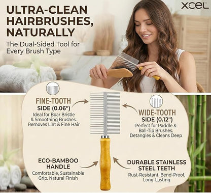 XCEL 2-in-1 Hair Brush Cleaner Tool, Dual-Sided Remover Comb for Removing Hair & Dust Buildup from Paddle, Boar Bristle & Detangling Brushes for Home & Salon Use