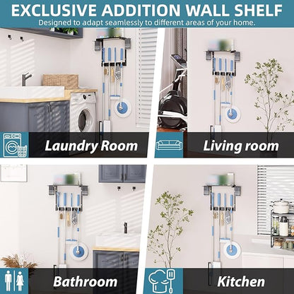 Broom Holder Wall Mount with Cleaning Supplies Organizer, Laundry Room Organization and Storage Shelves, Mop Hanger Broom Rack with Hooks, Home Improvement Kitchen Shelf Garage Organizer