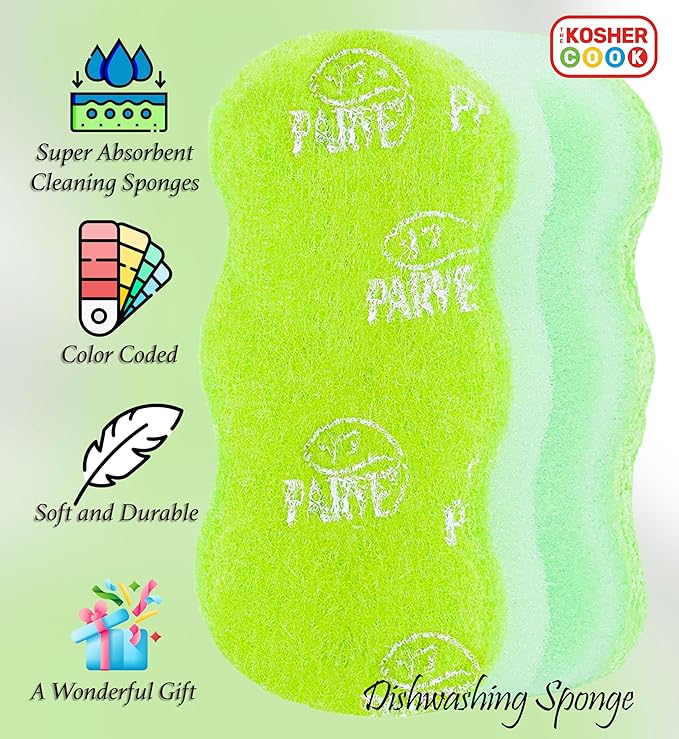 The Kosher Cook Parve Green Dishwashing Sponges, Easy Grip Wavy Absorbent Cleaning Scrub and Scouring Pad, Durable and Soft, Color Coded Home and Kitchen Accessories