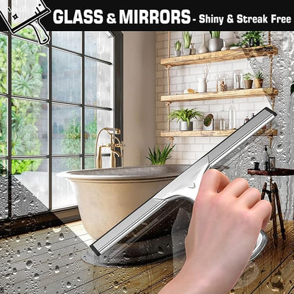 All-Purpose Stainless Steel Shower Squeegee for Glass Doors with 2 Adhesive Hooks, Squeegee for Bathroom Cleaner Tool Household Window Mirror Squeegee, Cleaning Tile Wall, Car, 10 Inch Silver
