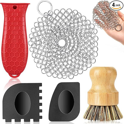 Cast Iron Scrubber, Kitchen Cleaning Set Including Honeycomb Non-Slip Silicone Pot Handle Holder, 2 Pan Grill Griddle Scrapers, Bamboo Handle Brush, 316 Stainless Steel Chainmail for Easy Clean