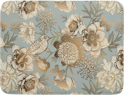 Retro Flower Bird Dish Drying Pad 18 x 24 Inch With Absorbent Reversible Microfiber Vintage Blue Gold Floral Drying Mats Dish Drainer Mat Fast Dry For Kitchen Dining Room Decoration