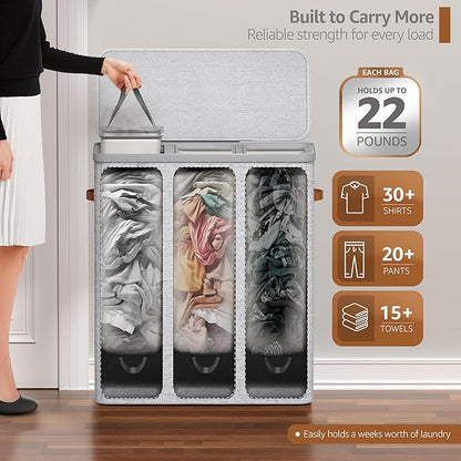 Sorbus Laundry Hamper with Lid - Collapsible 3-Compartment Fabric Laundry Basket with Handles and Removable Laundry Bag – 50 Gallon (190 L) Dirty Clothes Hamper for Bedroom, bathroom and dorm (Gray)