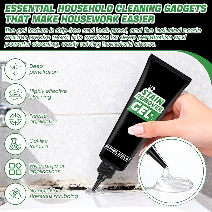Home Stain Cleaner, Stain Remover Gel with Pointed Nozzle Highly Effective Stain Removal Gentle and Does Not Damage The Surface Multi-Purpose Cleaning for Kitchen and Bathroom, 3.33 OZ