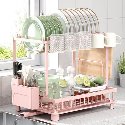 Multifunctional Dish Drying Rack - Rustproof, 2-Tier Dish Racks with Drainboard, Space-Saving Design, Utensil & Cup Holder for Kitchen Counter, Pink