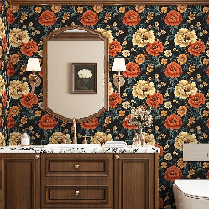Vintage Vibrant Floral Peel and Stick Wallpaper, Dark Classic Flower Design Self Adhesive Wallpaper for Cubicle Bedroom Cabinet, Vinyl Removable Contact Paper Antique Wall Decor 17.5In x 118In