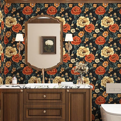 Vintage Vibrant Floral Peel and Stick Wallpaper, Dark Classic Flower Design Self Adhesive Wallpaper for Cubicle Bedroom Cabinet, Vinyl Removable Contact Paper Antique Wall Decor 17.5In x 118In