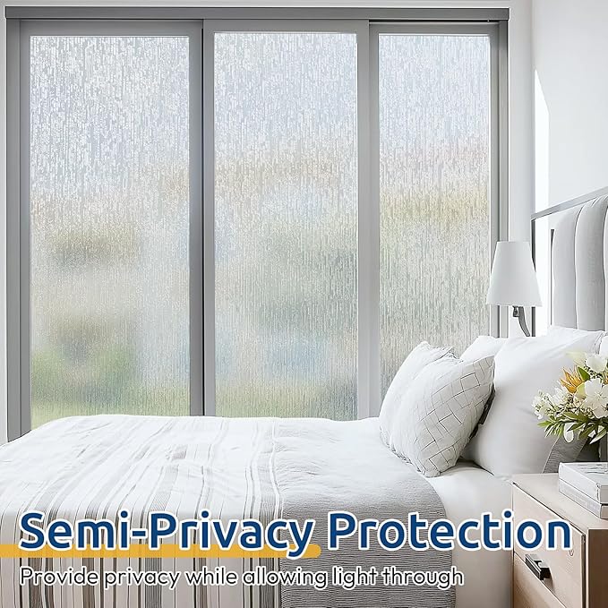 rabbitgoo Window Privacy Film Frosted Glass Clings, Decorative Sun UV Blocking Static Cling Window Covering, Removable Frosting Sticker for Home, Rain Silk, 23.6 x 78.7 Inches