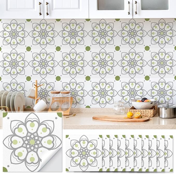 AM AMAONM 10pcs 20x20cm Removable Square Vintage Floral Pattern Tile Stickers 3D Decorative Peel and Stick Vinyl Self Adhesive Wall Tiles Decor Decals for Kitchen Backsplash Bathroom Furniture (D)
