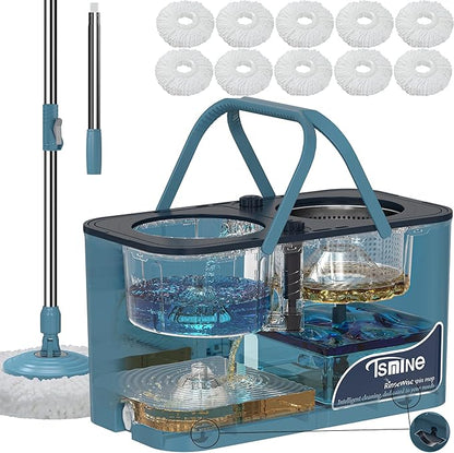 Gen 1 Large-Capacity Spin Mop and Bucket – for Big Homes & Deep Cleaning Days,4-Chamber System Separates Dirty & Clean Water, 2-GAL Heavy-Duty Design with Wheels & 10 Refill Mop Heads - Blue/Grey