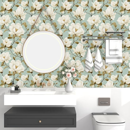 Modern Green White Flowers Wallpaper Blue Floral Peel and Stick Contact Paper 17.5"X118" Vinyl Waterproof Self Adhesive Removable Boho Modern Botanical Wall Paper for Bedroom Walls Cabinet Locker