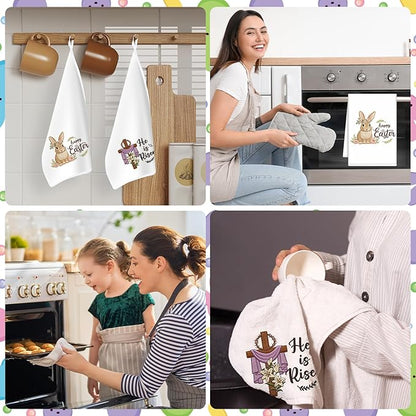 Happy Easter Kitchen Towels Set of 2, He is Risen Easter Cross Dish Towels Gifts for Cooking Cleaning, Spring Hand Towels with Hanging Loop for Kitchen Bathroom Home Decor