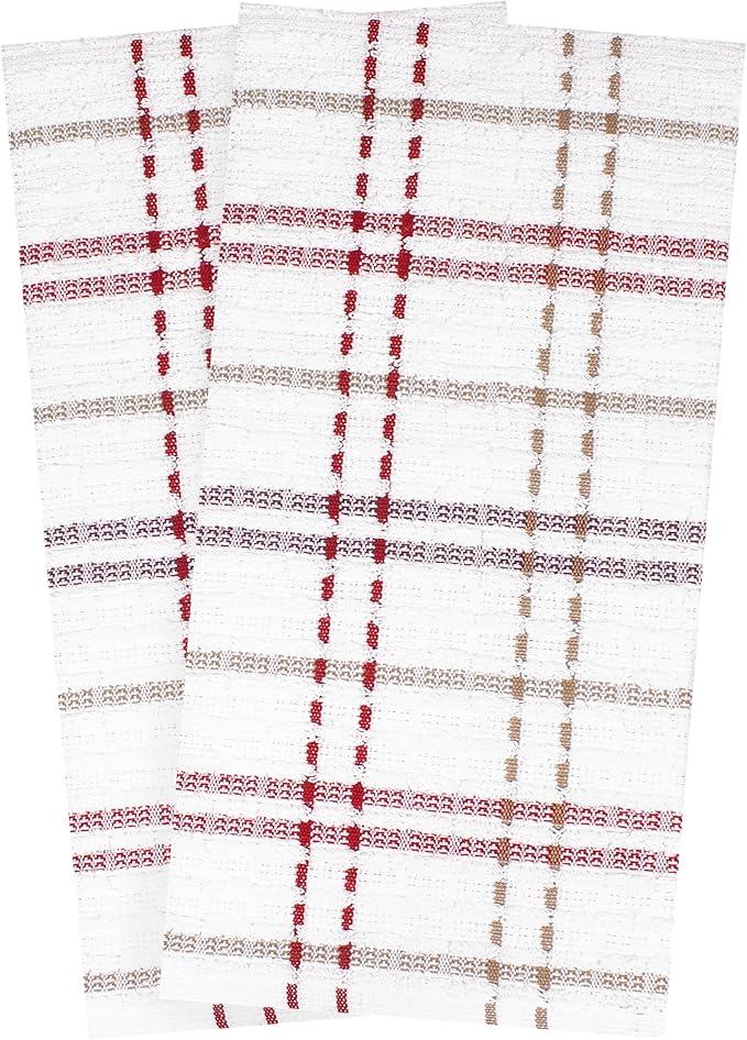 Ritz Royale Collection 100% Combed Terry Cotton, Highly Absorbent, Oversized Checked Kitchen Towel Set, 28" x 18", 2-Pack, Mocha Brown