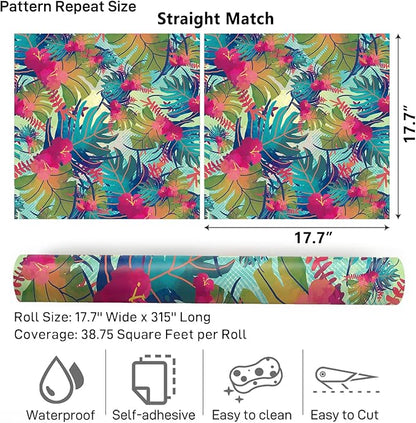 VaryPaper 17.7"x315" Tropical Peel and Stick Wallpaper Leaf Floral Wallpaper Waterproof Decorative Floral Contact Paper for Walls Removable Self Adhesive Wall Mural for Bedroom Bathroom Cabinets