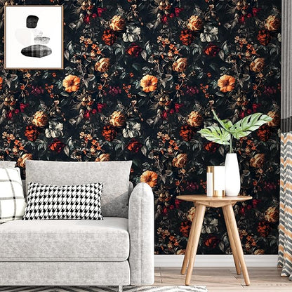 Vintage Floarl Wallpaper Peel and Stick, Black Dark Moody Garden Flower Self Adhesive Removable Wallpapers for Bedroom Powder Room Cabinet, Vinyl Witchy Contact Paper Wall Art 17.5In x 118In