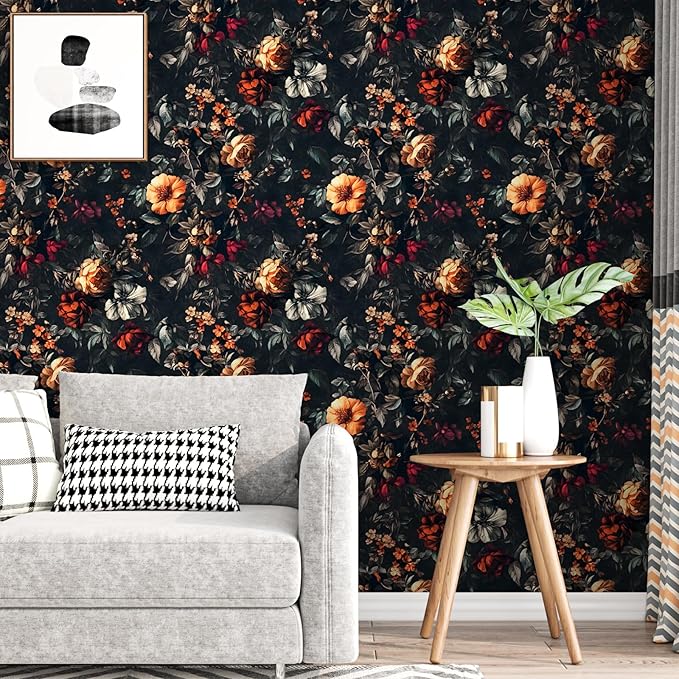 Extra Long Vintage Dark Floral Wallpaper, 17.5In x 393In Moody Black Garden Flower Design Self-Adhesive Removable Wall Paper for Bedroom Stairwell Vinyl Contact Paper Wall Art Decor