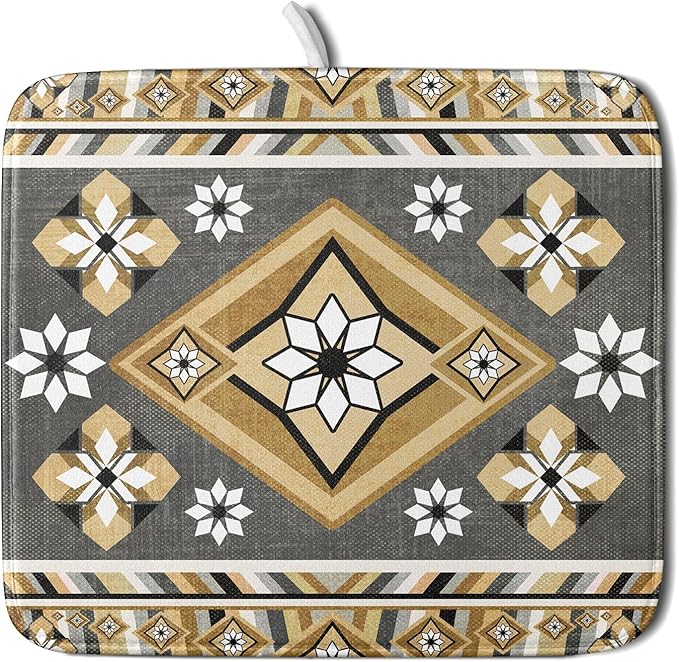Boho Yellow Gray Aztec Dish Drying Mat for Kitchen Counter,Native American Tribal Aztec Ethnic Boho Style Drying Mat 16 x 18 Inch Microfiber Dish Drying Pad Dish Rack Pad Drainer Mat for Coffee Bar