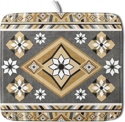 Boho Yellow Gray Aztec Dish Drying Mat for Kitchen Counter,Native American Tribal Aztec Ethnic Boho Style Drying Mat 16 x 18 Inch Microfiber Dish Drying Pad Dish Rack Pad Drainer Mat for Coffee Bar