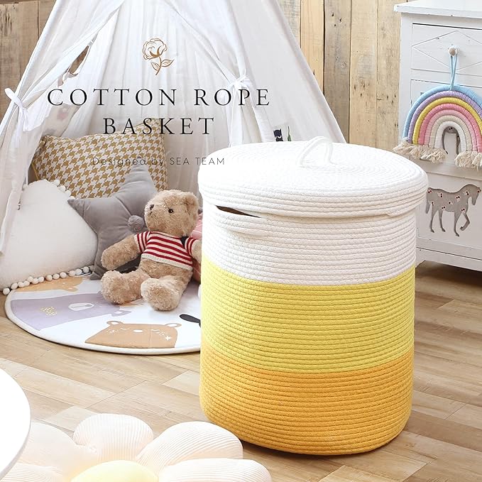 Sea Team Large Size Cotton Rope Woven Storage Basket with Lid, Lidded Laundry Hamper with Handles, Fabric Bucket with Cover, Clothes Toys Organizer for Kid's Room, 16 x 20 inches, White & Yellow