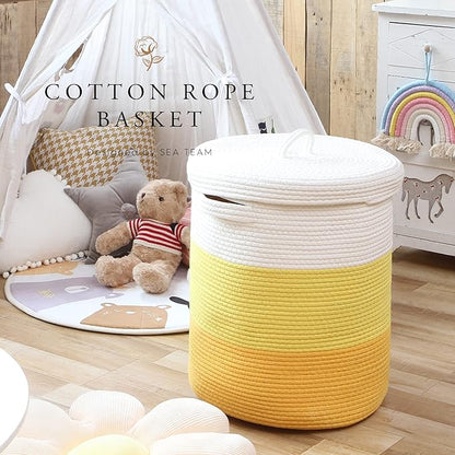 Sea Team Large Size Cotton Rope Woven Storage Basket with Lid, Lidded Laundry Hamper with Handles, Fabric Bucket with Cover, Clothes Toys Organizer for Kid's Room, 16 x 20 inches, White & Yellow