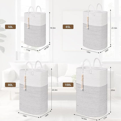 Woven Laundry Basket for Clothes, 65L Large Rectangle Laundry Hampers, Nursery Storage Basket for Toys, Tall Dirty Clothes Hamper for Bedroom Aesthetic, Bathroom, Laundry Room