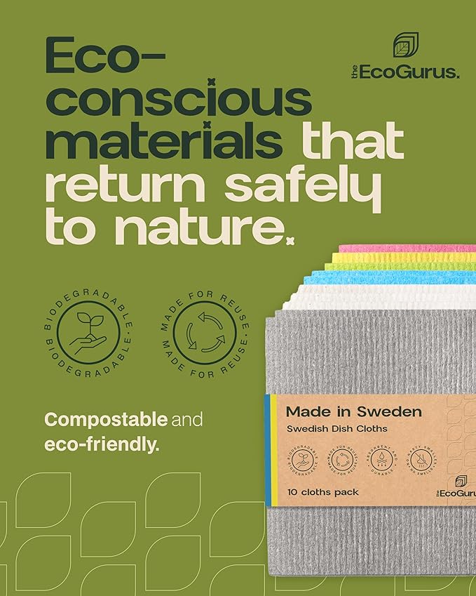 10 Pack Odour-Resistant Reusable Cleaning Cloths | Original Swedish Dishcloth | Made in Sweden | Suitable for All Surfaces | Biodegradable Cellulose Sponge | Kitchen & Bathroom | Blue