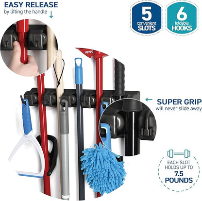 2 Pack Mop and Broom Holder Wall Mount - Garage Storage Organizer with 5 Slots, 6 Hooks, 7.5lbs Capacity Per Slot - Home, Kitchen, Closet, Laundry Room Organization – Black Broom Hanger