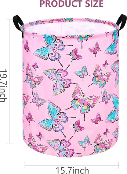 Round Pink Butterfly Laundry Basket Storage Bins Nursery Hamper Gift Baskets for Home,Office,Home Decor