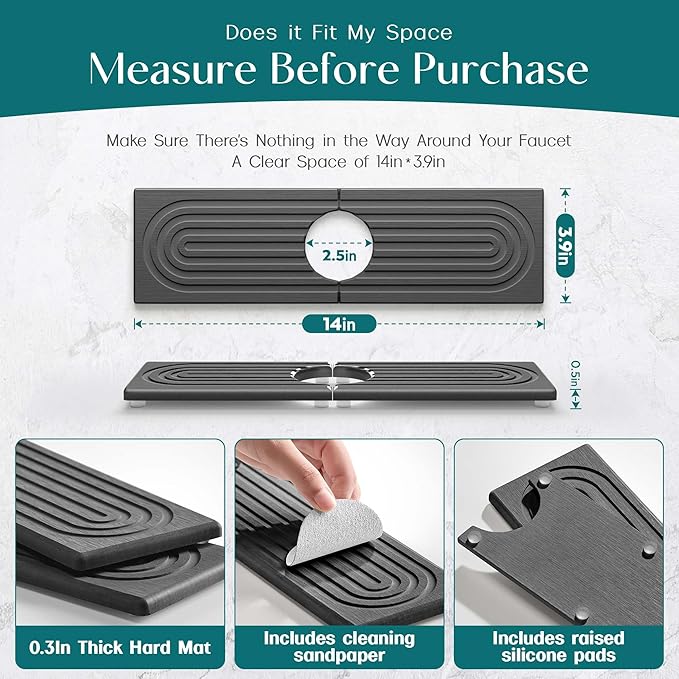 eormoe Diatomite Kitchen Faucet Mat - 14Inch Water Absorbing Stone Tray for Sink, Stone Fast-Drying Faucet Mat for Kitchen Counter Sink Accessories (Dark Grey, 14'' x 3.9'')