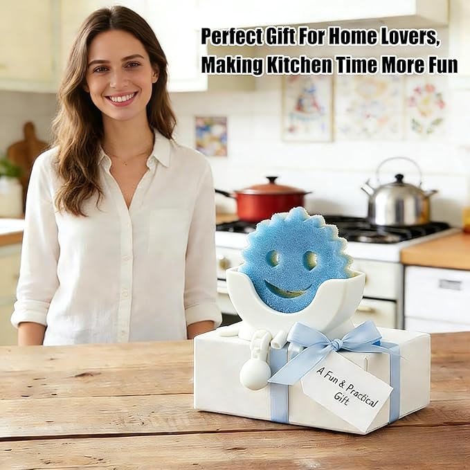 Cute Hanging Sponge Holder with Drainage,3D Printed Kitchen Funny Sponge Stand for Sink,with non-slip pads,Suitable for Scrub Daddy Holder,Keeps Your Sponge Dry Smiling (White)