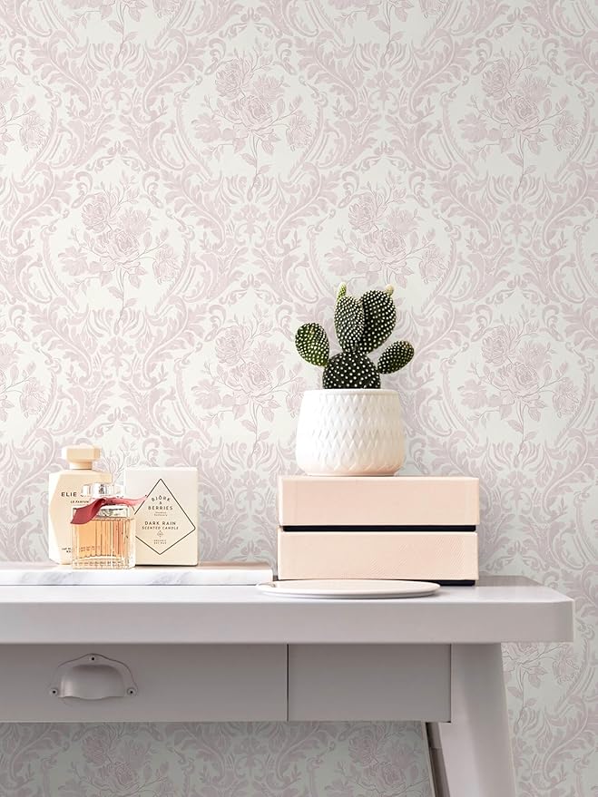 Ismoon Peel and Stick Wallpaper Vintage Floral Contact Paper Boho Watercolor Pink Damask Wallpaper Textured Removable Self Adhesive Vinyl Wall Paper for Bedroom, 17.3inx49ft
