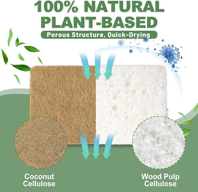 Aheroi Natural Dish Sponge, 18 Count FSC Certified Plant-Based Biodegradable Kitchen Sponges for Dishes, Compostable Eco Friendly Sponges, Organic Cleaning Sponge Dish Scrubber Products for Household