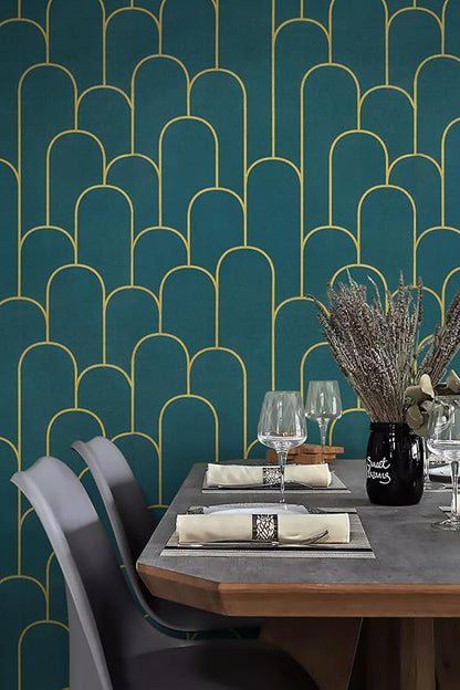 Yasinet Peel and Stick Wallpaper Green and Gold Wallpaper Dark Green Contact Paper Modern Geometric Removable Self Adhesive Wall Paper for Bedroom/Cabinet Waterproof for Bathroom Vinyl 17.3''x118''