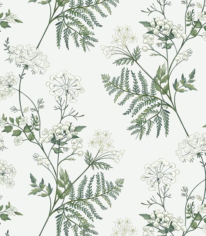 Timeet Peel and Stick Wallpaper Boho Green White Floral Leaf Contact Paper 16.14"x118.11" Flower Wallpaper Removable Self Adhesive Wall Paper for Walls Covering Vinyl Roll