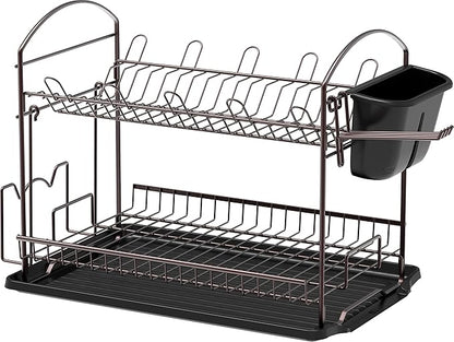 Simple Houseware 2-Tier Dish Rack with Drainboard, Bronze