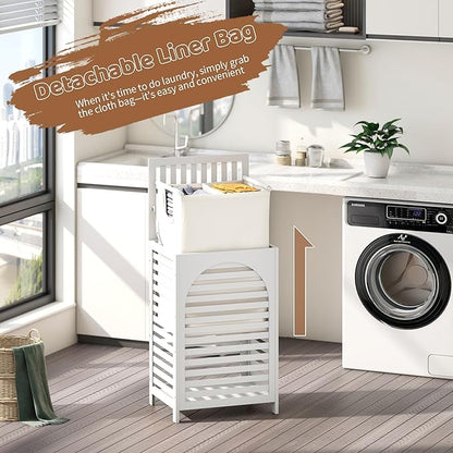 FILWH Laundry Hamper with Lid (16.9 * 13 * 26.5inches) Large Bamboo Laundry Bin Basket 85L Clothes Hamper with 1 Removable Bag Storage baskets for Bathroom (White)