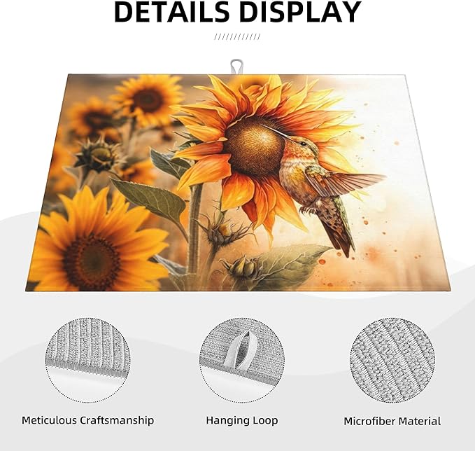 Hummingbird Sunflower Dish Drying Mats for Kitchen Counter, Absorbent Reversible Microfiber Dish Drying Pad, Multi-Use Large Drying Mat Coffee Bar Accessories 18"x24"