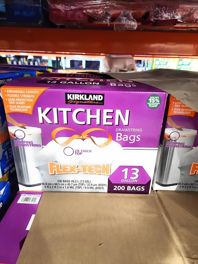 Worldwide Nutrition Bundle Compatible with Kirkland Signature Flex-Tech 13 Gallon Kitchen Garbage Bags with Drawstring Closure - 200 Count Pack of Tall Trash Bags for Kitchen with Keychain
