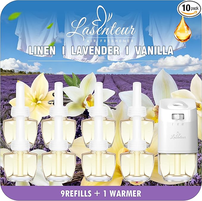 Plug In Air Freshener Starter Kit - Lavender, Vanilla, Linen Scent for Home, Bathroom and Office, 1 Warmer and 9 Essential Oil Refills, Compatible with Air Wick & Glade, Not Include Glade Plus