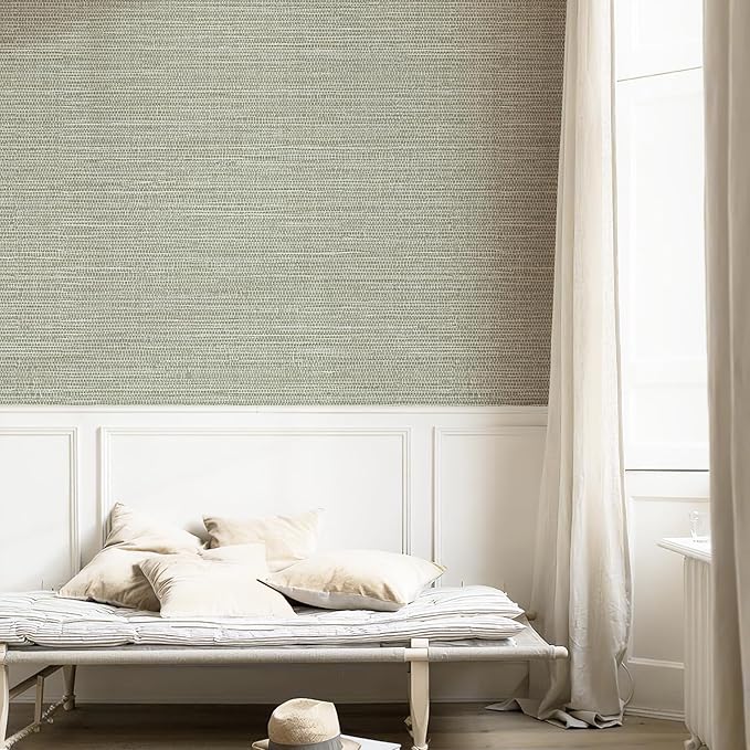 Simon&Siff Green Textured Grasscloth Peel and Stick Wallpaper 17.7"x394" Neutral Faux Grassweave Wallpaper Waterproof Self Adhesive Removable Wallpaper Mural for Home Decor Bedroom Kitchen Cabinet