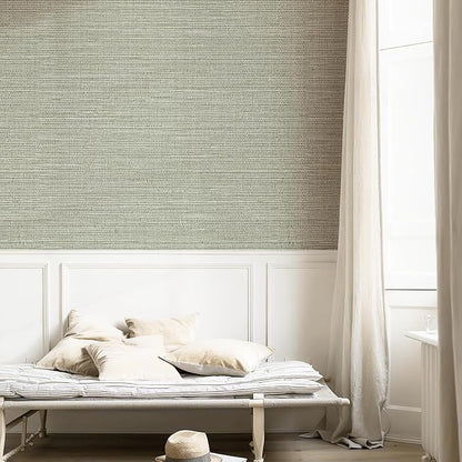 Simon&Siff Green Textured Grasscloth Peel and Stick Wallpaper 17.7"x197" Neutral Faux Grassweave Wallpaper Waterproof Self Adhesive Removable Wallpaper Mural for Home Decor Bedroom Kitchen Cabinet