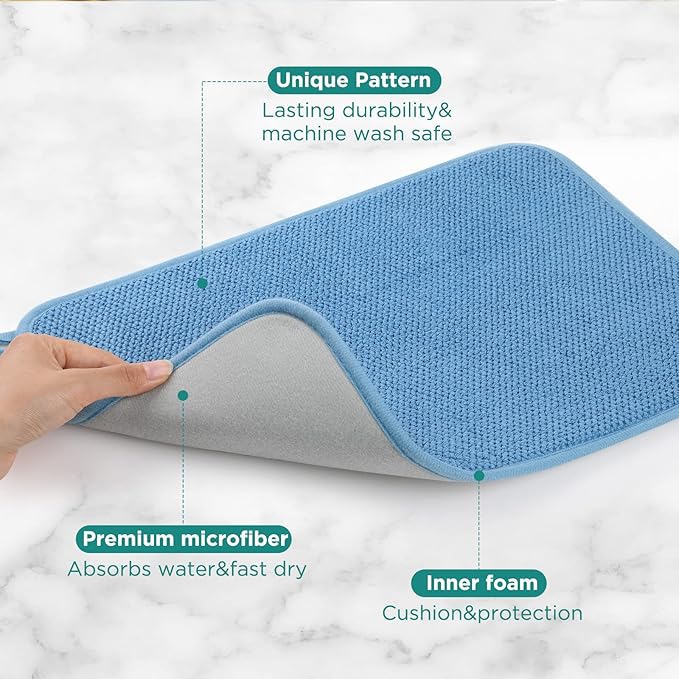 GeeRic Microfiber Dish Drying Mat, Super Absorbent Kitchen Dish Drying Pad for Mother's Day, Reversible Gift Mats for Countertop, 12 * 16 inch Blue