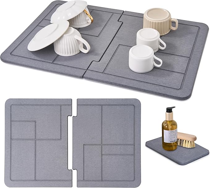 Large Stone Dish Drying Mat for Kitchen Counter, Dividable Quick Dry Stone Dishes Mats, Detachable Water Absorbing Diatomaceous Earth Drying Organizer Pad for Rack Bottles(Dark Gray 24"×16" & 8"x5")