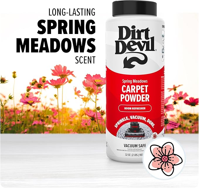 Dirt Devil Carpet Powder, 32 oz, Room Refresher and Odor Eliminator, Spring Meadows Scent, Vacuum Cleaner Safe, For Use on Carpets, Rugs, Upholstery and More, Carpet Freshener Powder for Home Use
