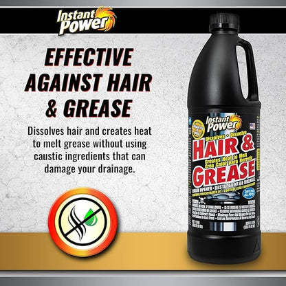 Instant Power Hair and Grease Drain Cleaner - Shower Drain & Sink Cleaner, Liquid Clog Remover, Made in USA, Sink Deodorizer - 1 Liter (Pack of 2)