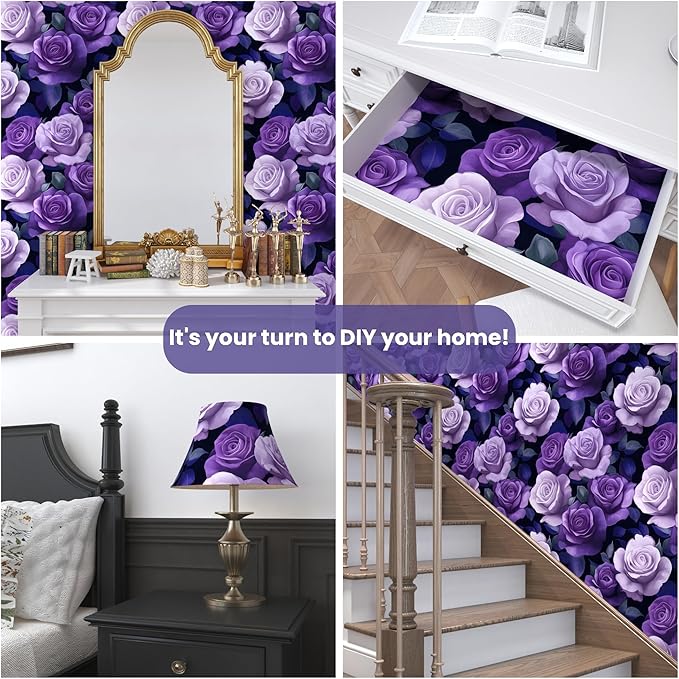 Purple Peel and Stick Wallpaper, Vintage Purple Rose Floral Pattern Wallpapers, Dark Romance Flower Self Adhesive Contact Paper Wall Decor for Bedroom Bathroom Drawer Bookshelf 17.5In x 9.8Ft