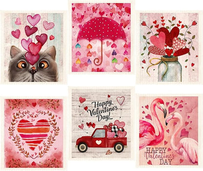 Morigins Valentine's Day Swedish Kitchen Dishcloths Reusable Dish Towels Absorbent and Fast Dry Cleaning Cloths for Kitchen Cleaning Wipes 6 Pieces