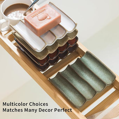 Bathroom Soap Dish for Shower, Bar Soap Holder with Self Drain, Ceramic Soap Saver Tray for Bathroom Sink, Kitchen Counter, Drain Fluted Design to Lift Soap Keep Dry, Red